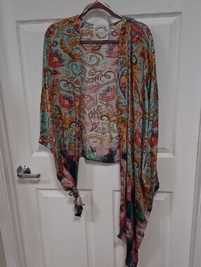 Boho Floral Sheer Draped Kimono Cardigan - Turquoise Multicolor